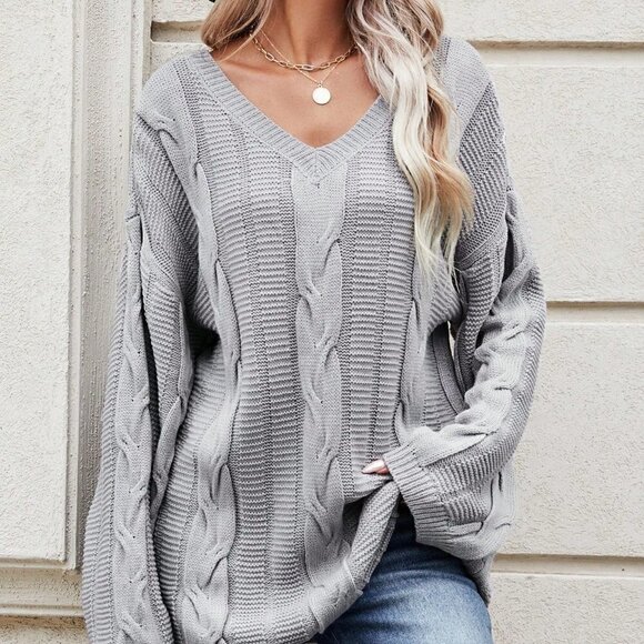 . Sweaters - Grey Casual Womens Cable Knit Drop Shoulder V Neck Sweater